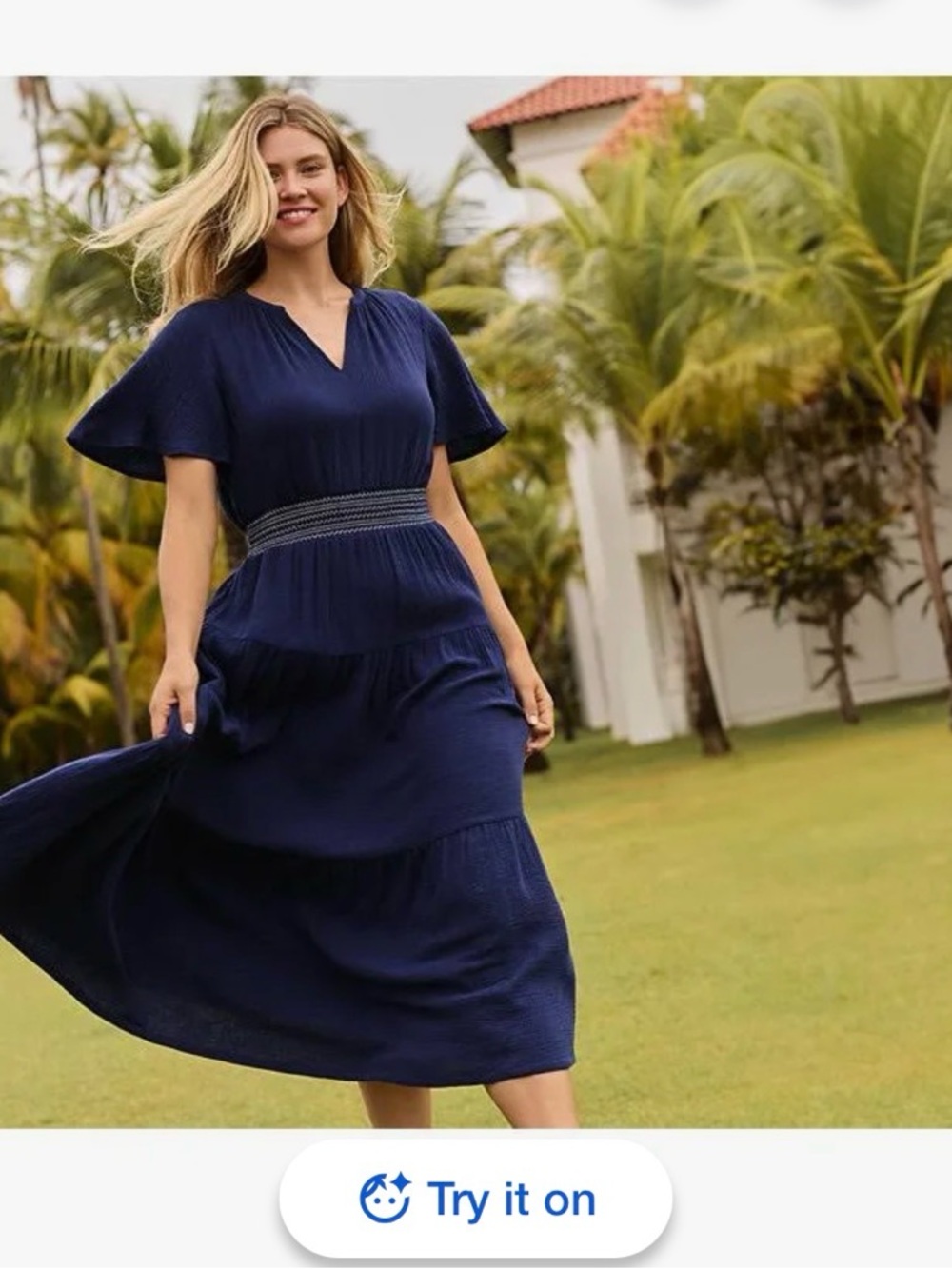 Lands' End Navy Tiered Maxi Dress Cotton with Smocked Waistband